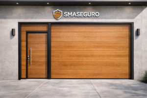 Puerta seccional premium color cedro natural con panel importado
